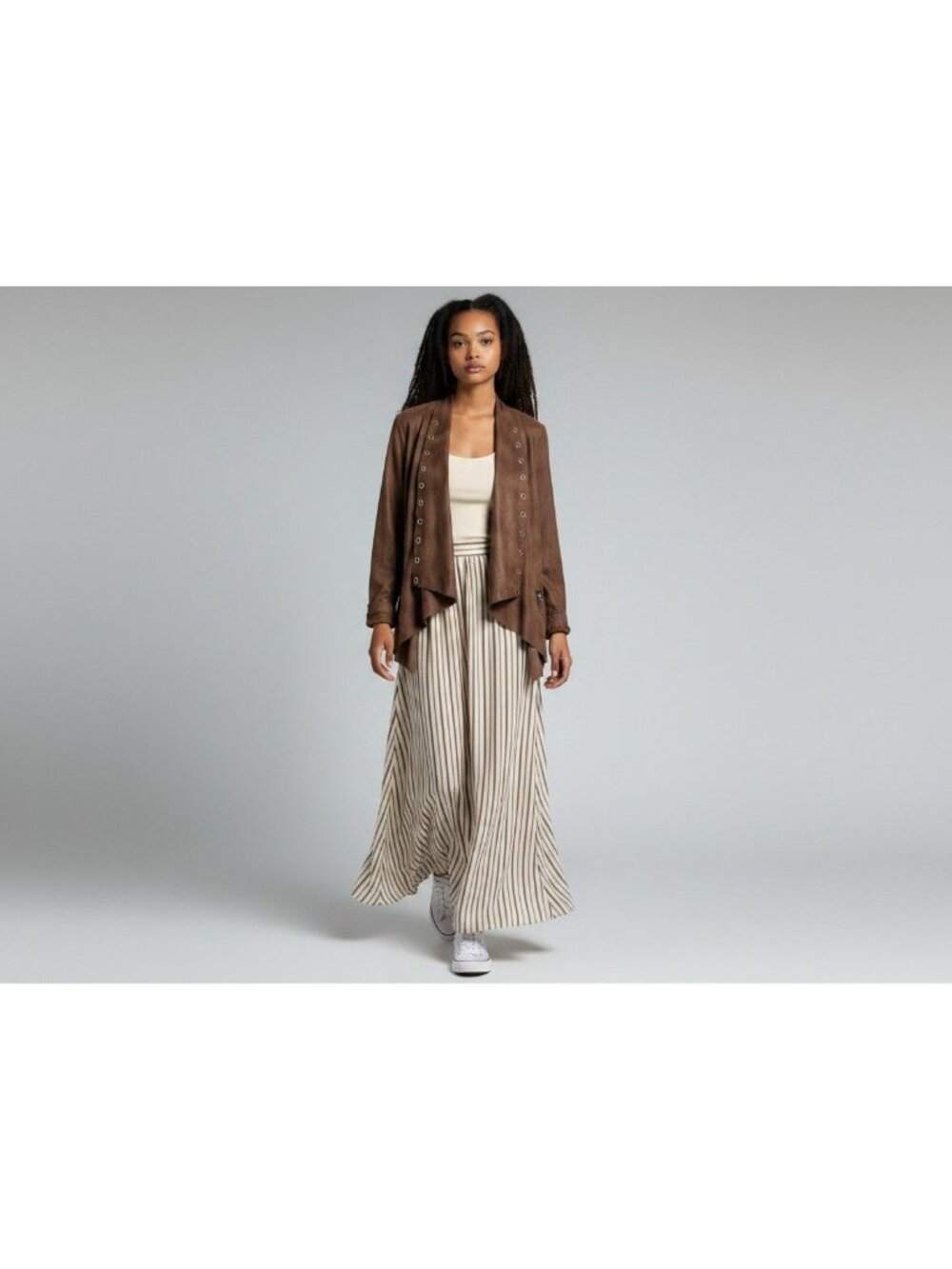 One O One Paris Brown Suede-Look Open Front Jacket Grommets Art to wear L/XL